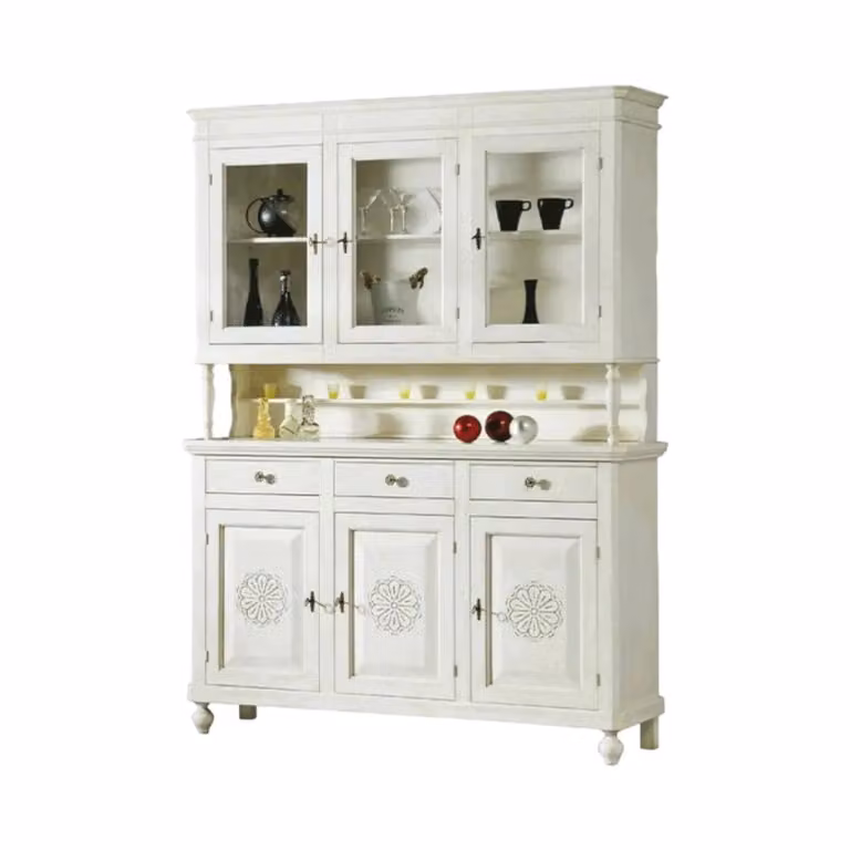 Cristalliera con 3 ante e ante in vetro Mobili 2G in legno bianco L: 150 cm, P: 43 cm, H: 208 cm