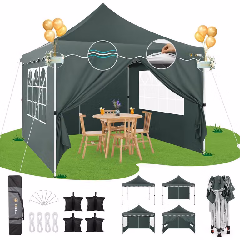 Gazebo da esterno 3x3 metri, impermeabile, stabile, grigio, con 4 pareti laterali, resistente alle intemperie, altezza 310 cm