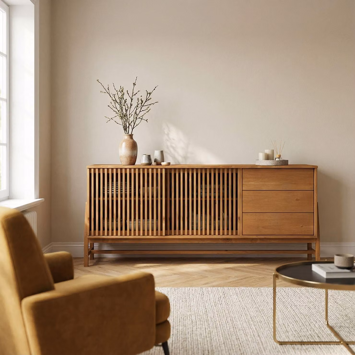 Credenza ADAMO 175 cm in legno massello, finitura rovere - Comò con 2 ante scorrevoli a lamelle e 3 cassetti, mobili per soggiorno con ampio spazio contenitivo, credenza con ripiano regolabile