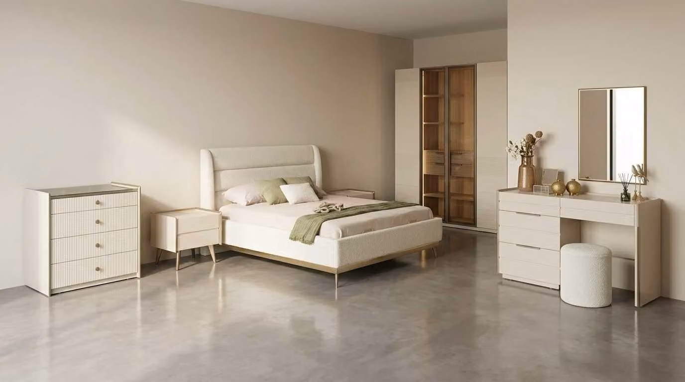Set per camera da letto beige, moderno, composto da letto, comò da trucco e armadio