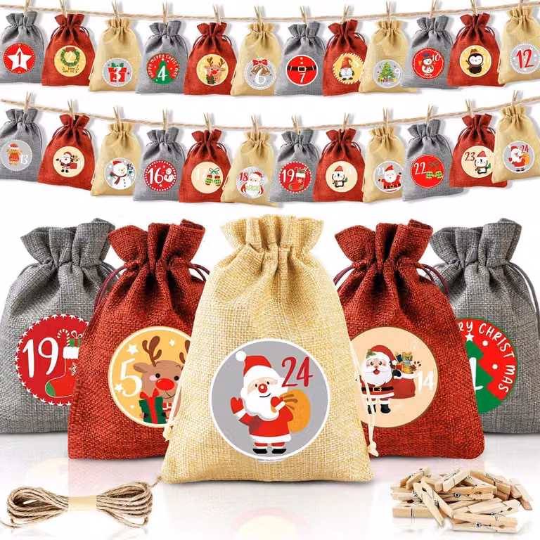 Calendario dell'Avvento da riempire: 24 sacchetti di juta, dimensioni 18 x 13 cm, con corda e graffette