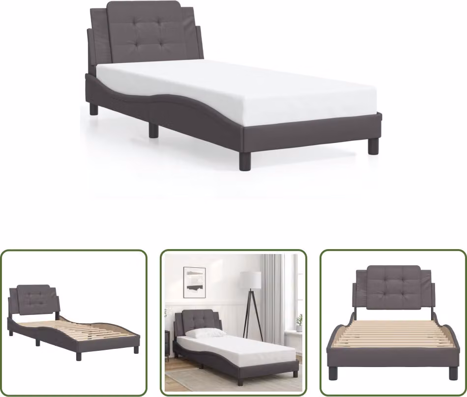 The Living Store Giroletto con testiera grigio 90x190 cm in ecopelle