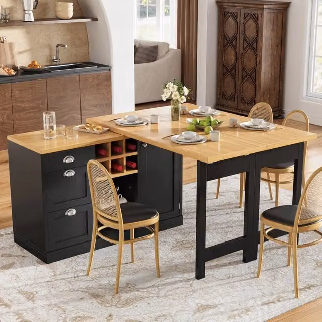 Tavolo da pranzo allungabile girevole con cassetto, vano aperto e portabottiglie, in MDF nero, 120-197 × 40 × 74 cm