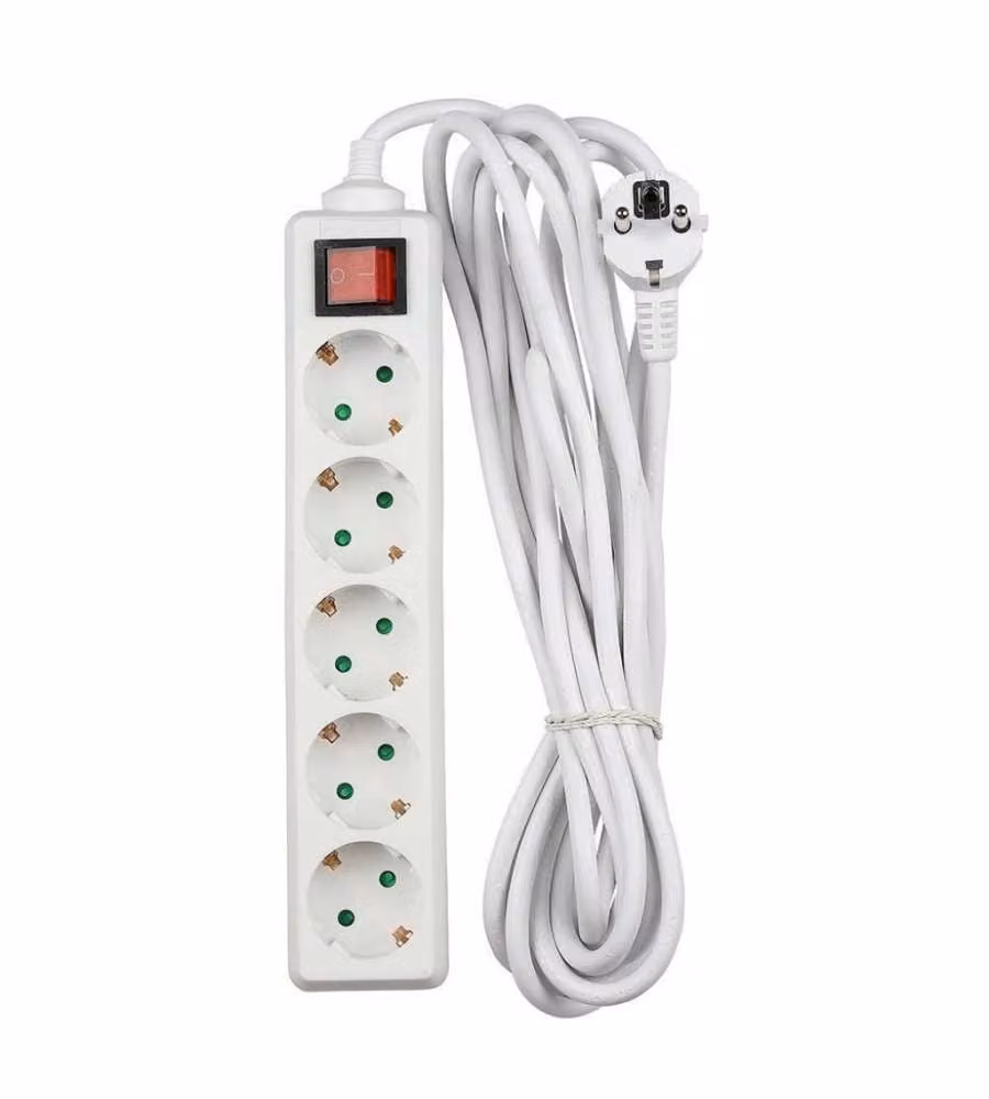 Multipresa con Cavo 5mt 5 Prese 10A 2P + Shuko e Interruttore Luminoso Spina Shuko Colore Bianco