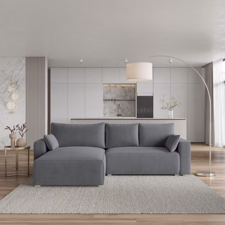 Divano angolare Masseno FORIL P con funzione letto a L, divano con contenitore, divano da salotto, divano, divano, divano letto, set di divani - grigio, POSO 60