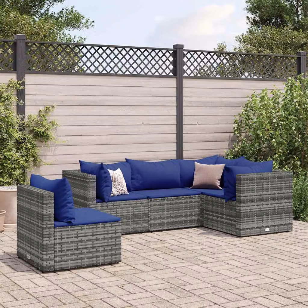 vidaXL Set Divani da Giardino a L con Cuscini, Struttura in Metallo e Polyrattan, Grigio e Blu – 1