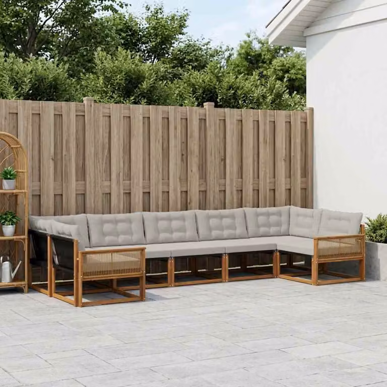 Set di divani da esterno vidaXL a forma di L composto da 7 pezzi in legno di acacia e tessuto textilene, colore beige e grigio