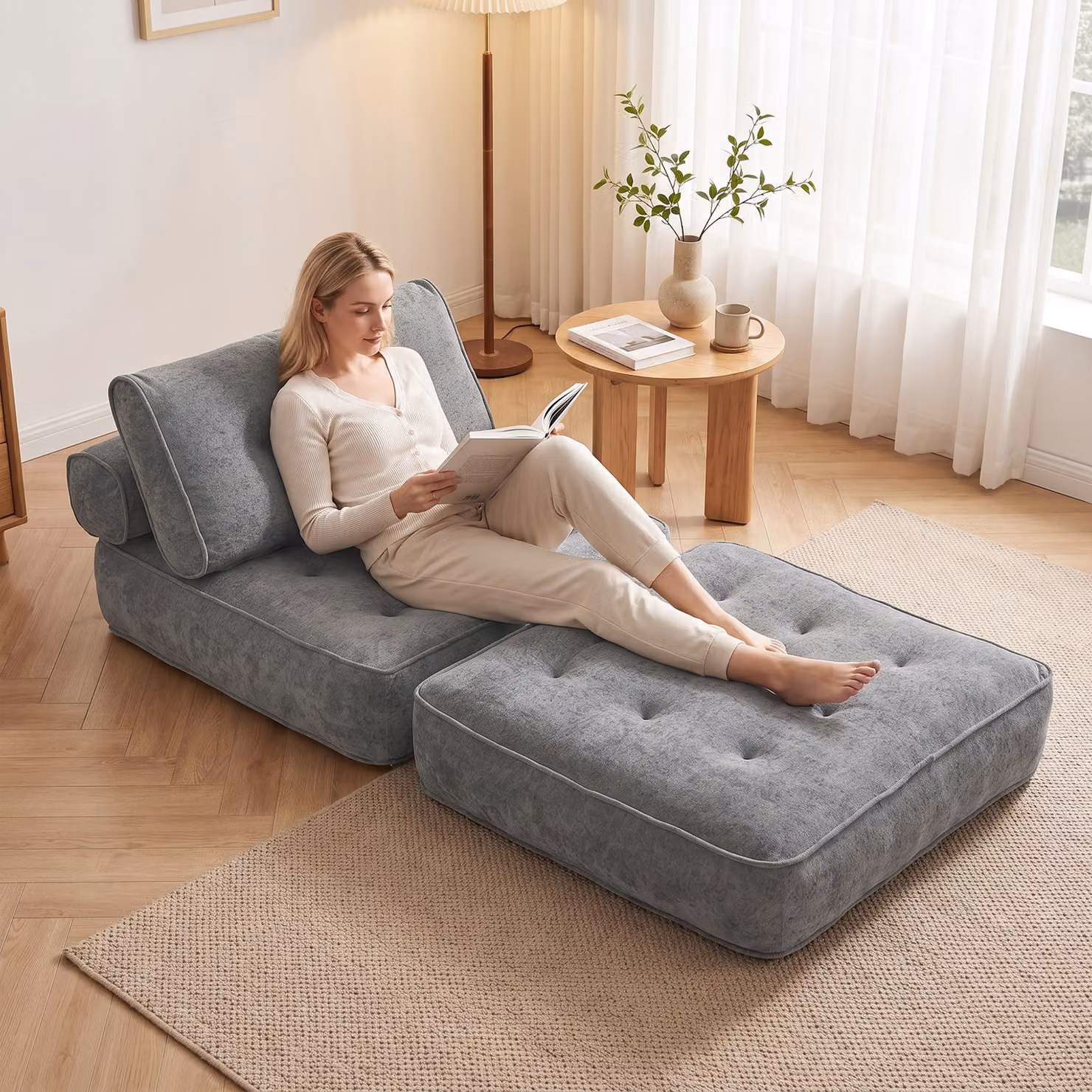Poltrona Letto 3 in 1 HOMCOM con 2 Cuscini, Grigio Chiaro, L: 220 cm, H: 95 cm – 2