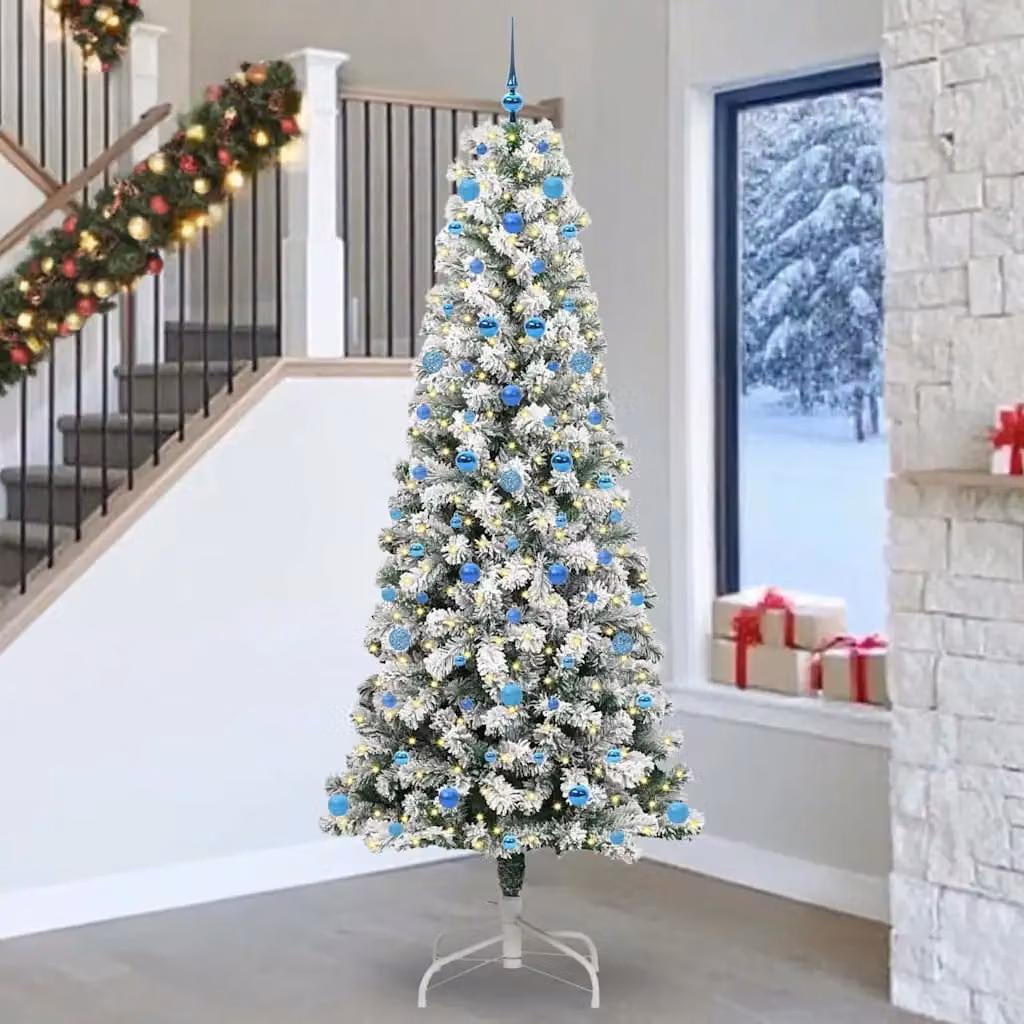 Albero di Natale Artificiale vidaXL con Rami Pieghevoli, Verde e Bianco, con Luci LED Warm White e Altezza: 240 cm – 1