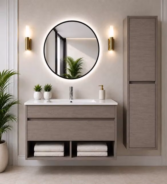 Mobile bagno sospeso con lavabo ORIGENBATH NEBARI con cassetto con colonna 60x35 cm rovere smoky con colonna