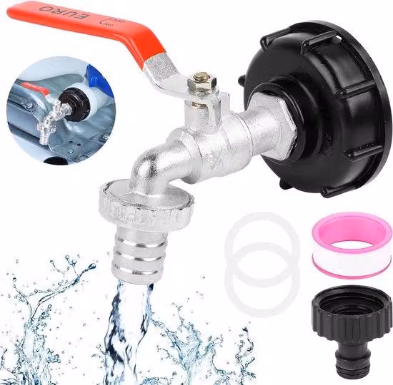 Accessori, serbatoio d'acqua da 1000 l, valvola di intercettazione per serbatoio IBC con raccordo tubolare e guarnizione, accessori per serbatoio d'acqua da 1000 l con valvola di intercettazione, raccordo di mandata IBC da 3/4" con valvola di intercettazi