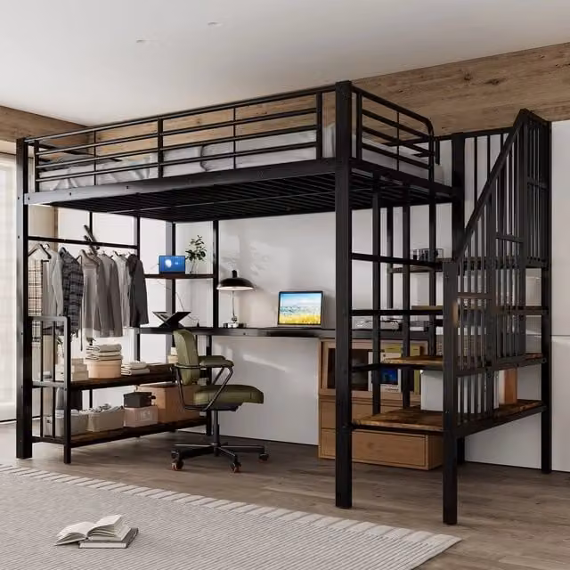 Letto a soppalco ¨C Minimal ¨C metallo nero scuro 120x200cm con ladder e accessori