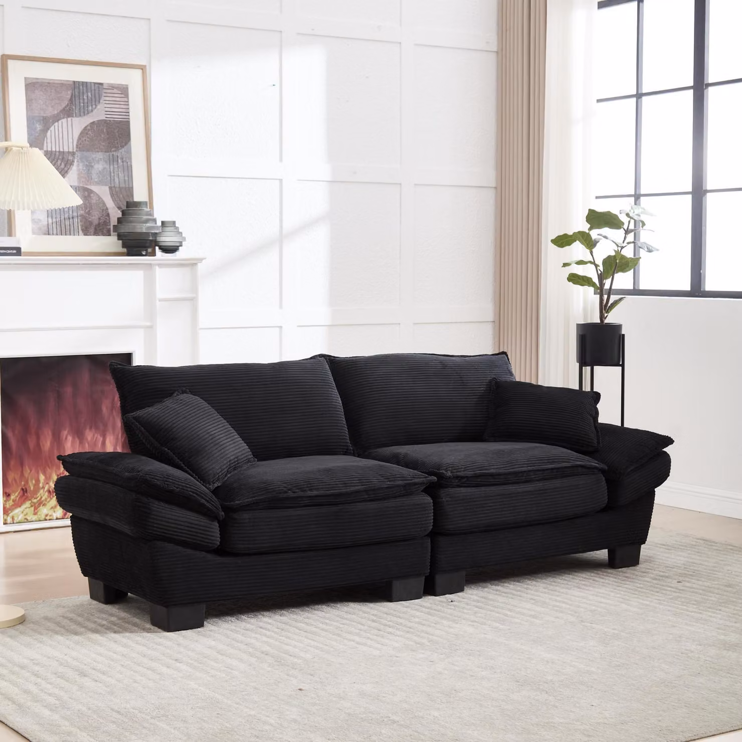 Divano moderno a 2 posti Gomyway in velluto nero con struttura in legno e cuscini inclusi, L: 224 cm, P: 81 cm, H: 81 cm – 2