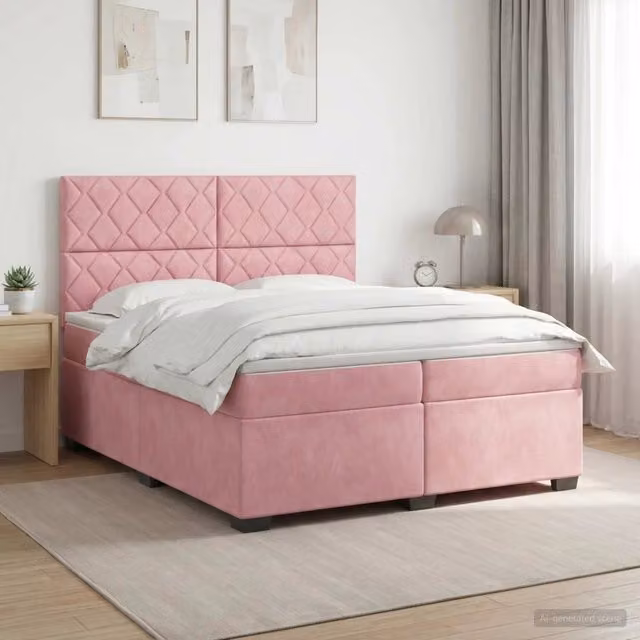 Letto box spring con materasso vidaXL in velluto rosa e bianco L/P/H: 200 x 200 x 140,5 cm