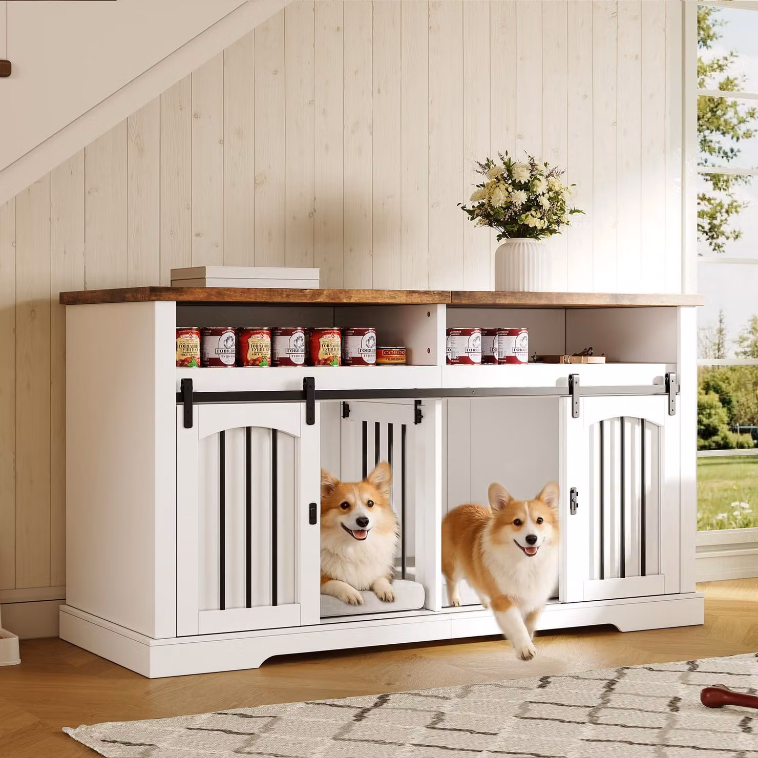 Merax: cassettiera per gabbia per cani, mobile 2 in 1 con porta scorrevole e divisorio, gabbia per 1-2 cani, bianco