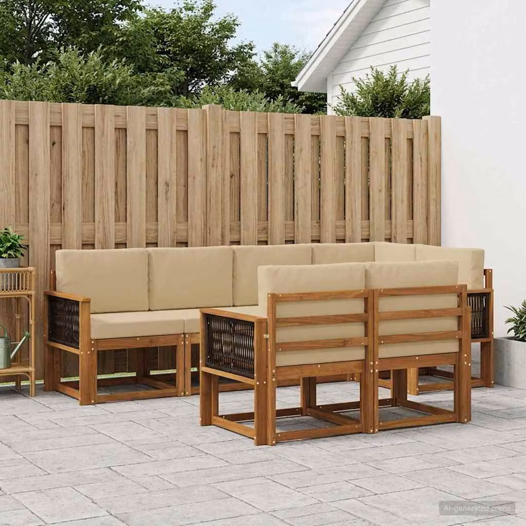 vidaXL Set di divani da esterno 7 pz in legno di acacia con cuscini Beige e Marrone