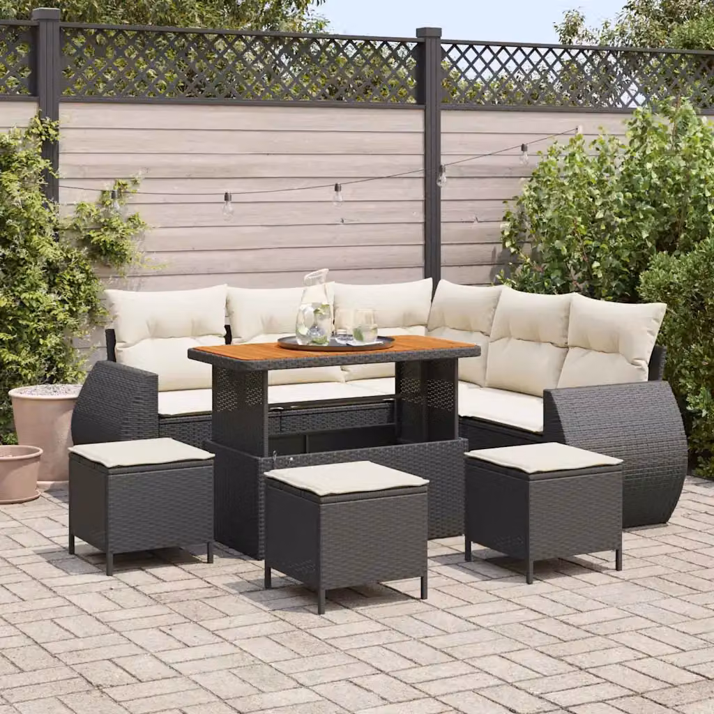 Set Divano da Giardino Moderno vidaXL 9 Pezzi in Polyrattan Nero con Cuscini e Tavolino – 1
