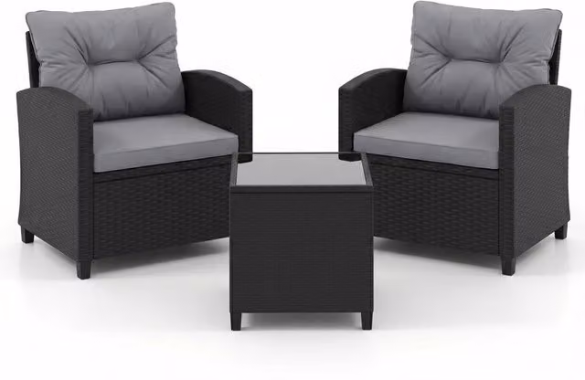 Set salotto da giardino in polyrattan con 2 poltrone imbottite e tavolino con piano in vetro temperato, Grigio e Nero