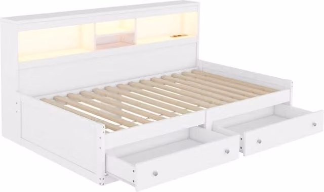 Divano Letto Daybett 90x200 cm con Luci Ambiente, 2 Cassetti, 2 Porte USB e 2 Prese di Ricarica, Struttura in Truciolato e MDF Bianca