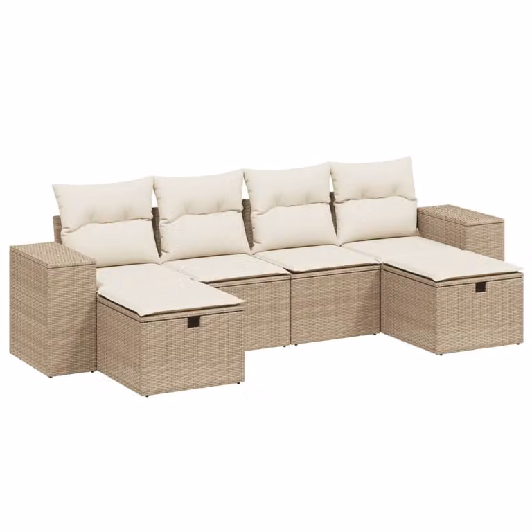Set Divano da Giardino 6 pz con Cuscini Beige in Polyrattan
