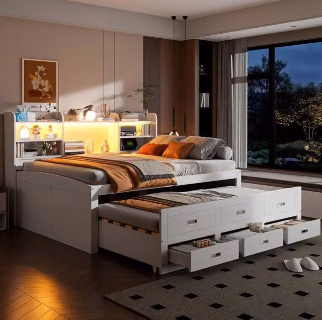 Letto da giorno estraibile ULEVR 140x200 cm con letto supplementare, LED, 3 cassetti, USB e Type-C, bianco