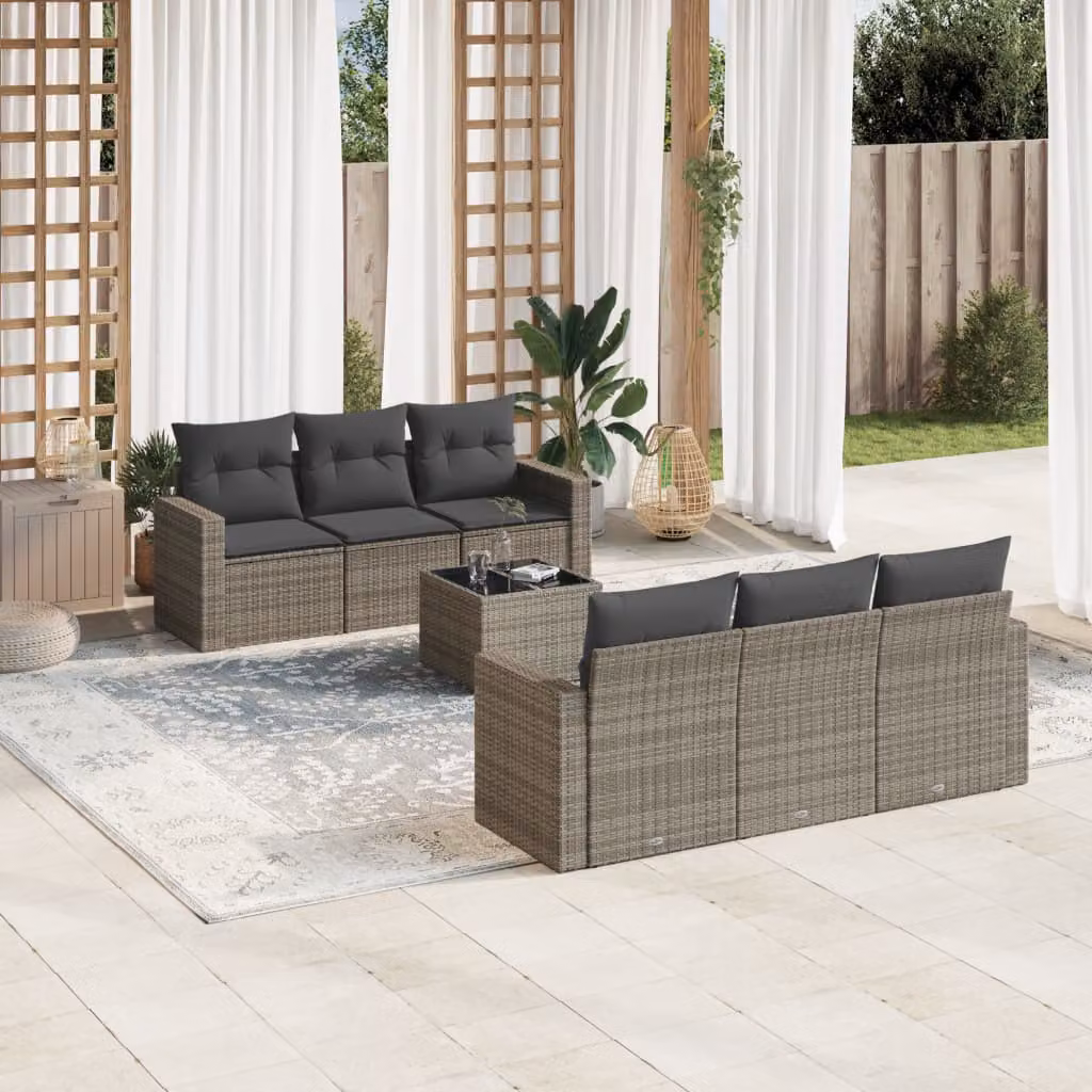 vidaXL Set Divani da Giardino 7 pz in Polyrattan Grigio con Cuscini e Tavolino – 1