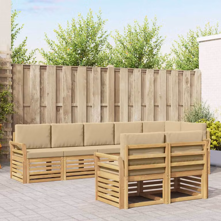 Set di divani da esterno vidaXL 8 pz a forma di L in legno di acacia con cuscini bianchi e beige