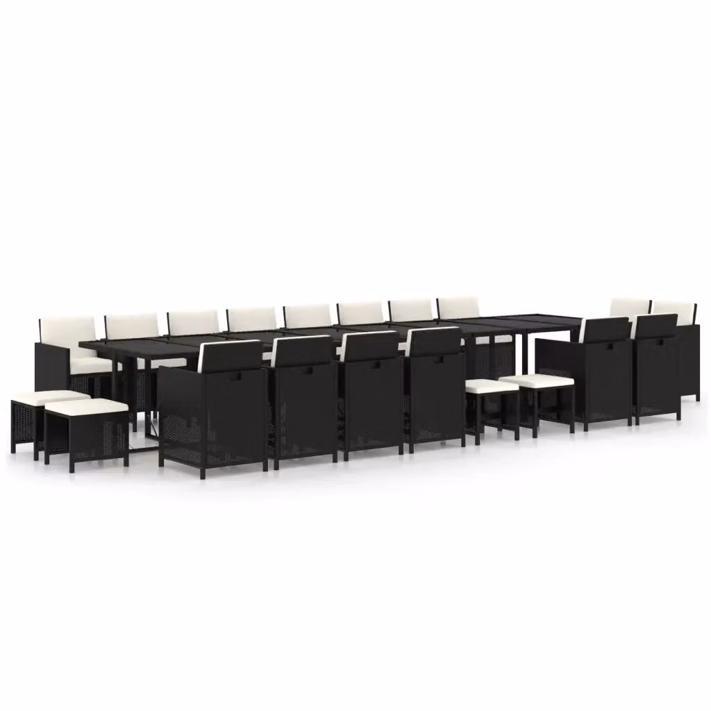 Set da Pranzo da Giardino vidaXL in Polyrattan Nero con Cuscini Bianchi e Tavolo in Vetro, 21 Pezzi – 2