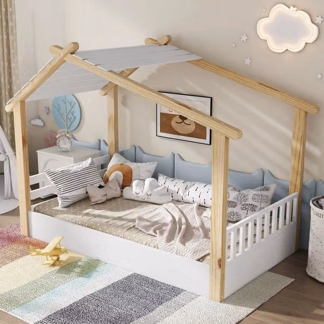 Letto per bambini singolo 90 × 200 cm a casetta, rete inclusa, senza materasso, legno massiccio e MDF bianco naturale