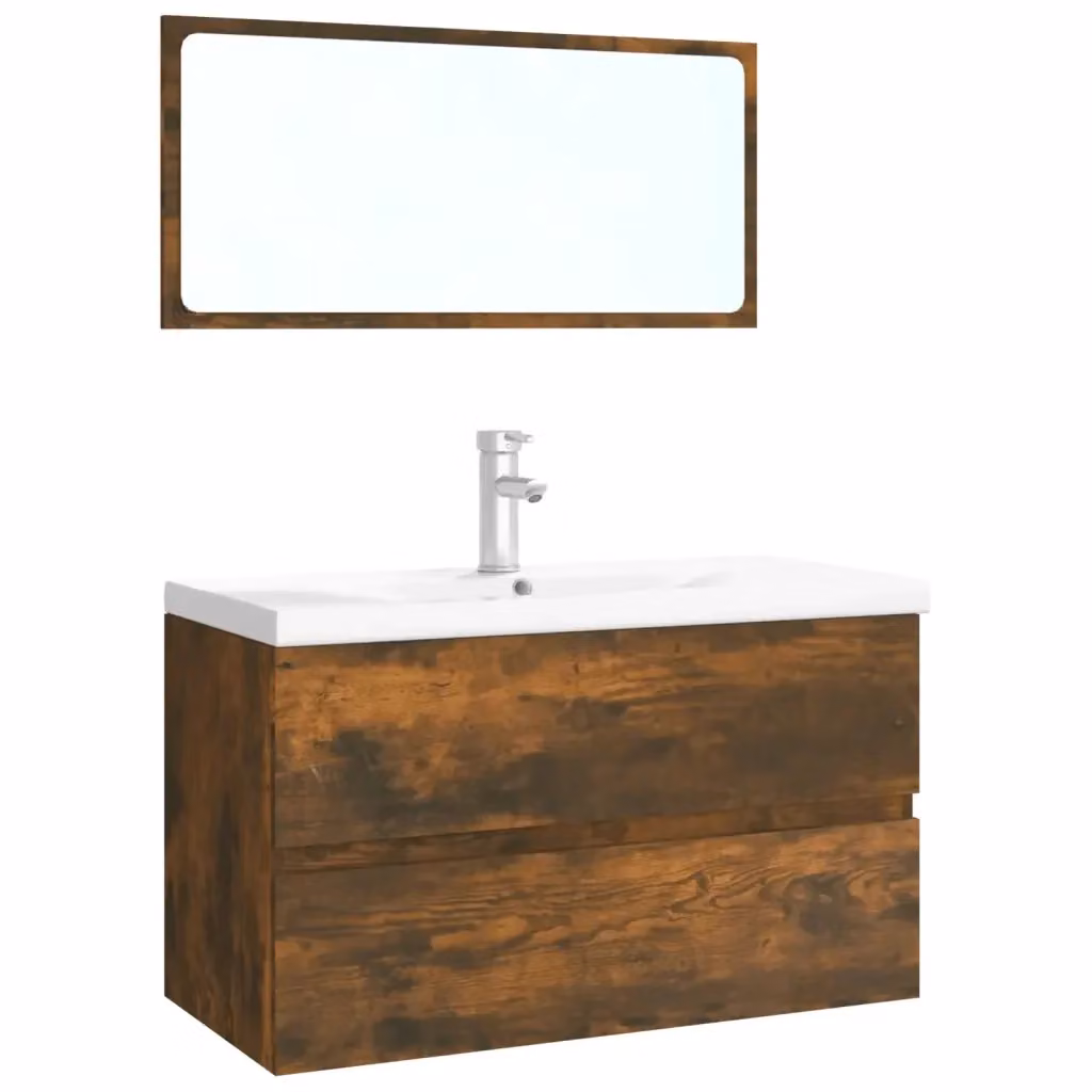 Set di mobili da bagno moderno vidaXL con mobile lavabo e armadietto specchio in rovere fumo e bianco – 2