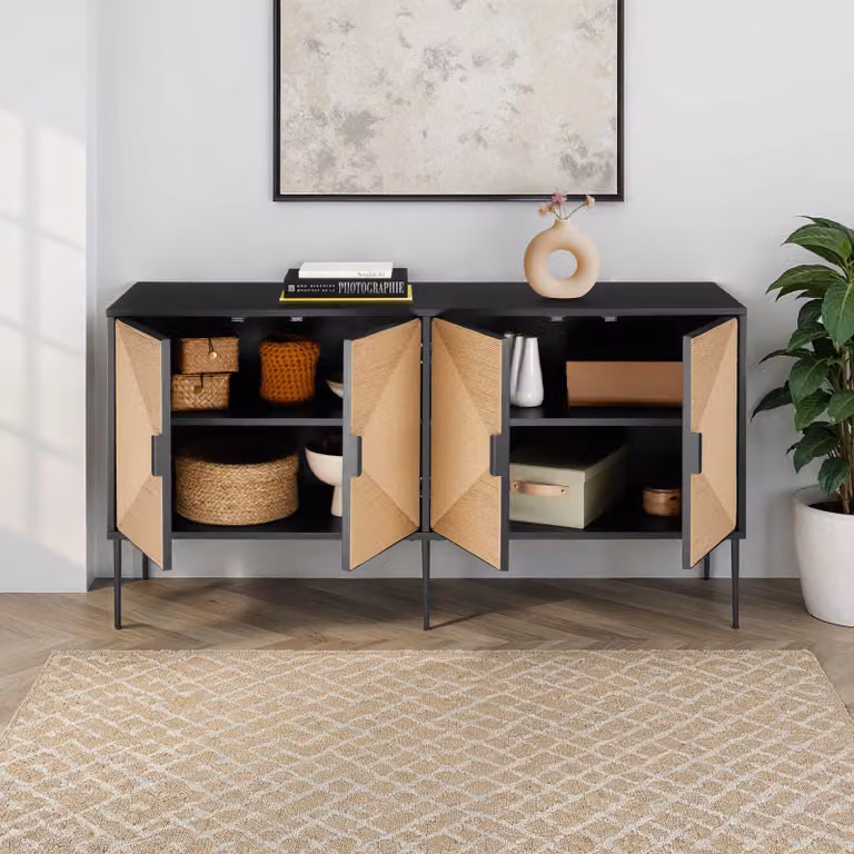 Credenza Juna tectake con ante effetto juta e 2 scomparti, stile boho, nero/marrone