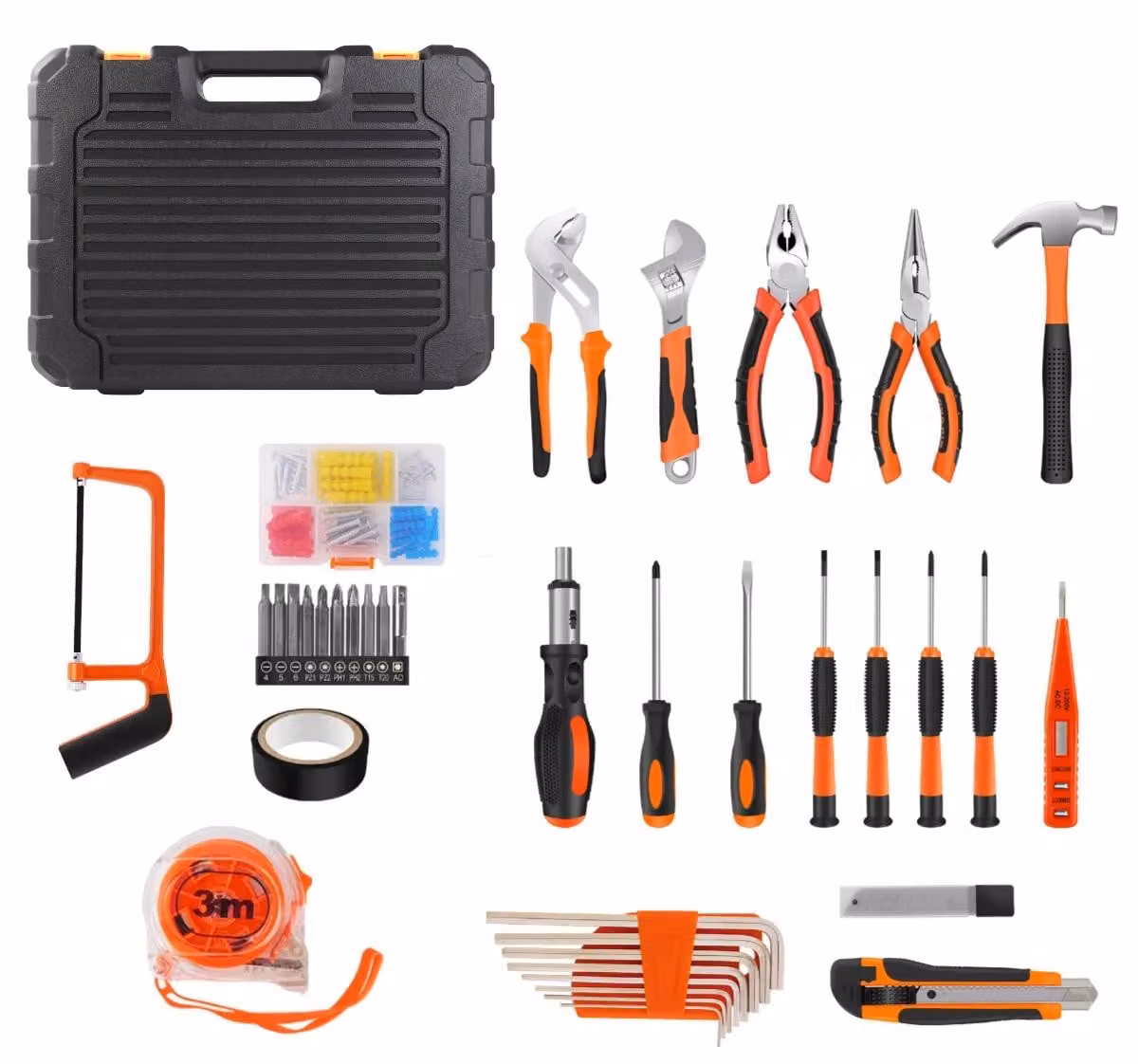 Kit di attrezzi per la casa - Set di utensili manuali combinati - Include martello, pinze, cacciaviti, sega, metro a nastro - Ideale per l'assemblaggio di mobili - Adatto per lavori elettrici - Con scatola portaoggetti