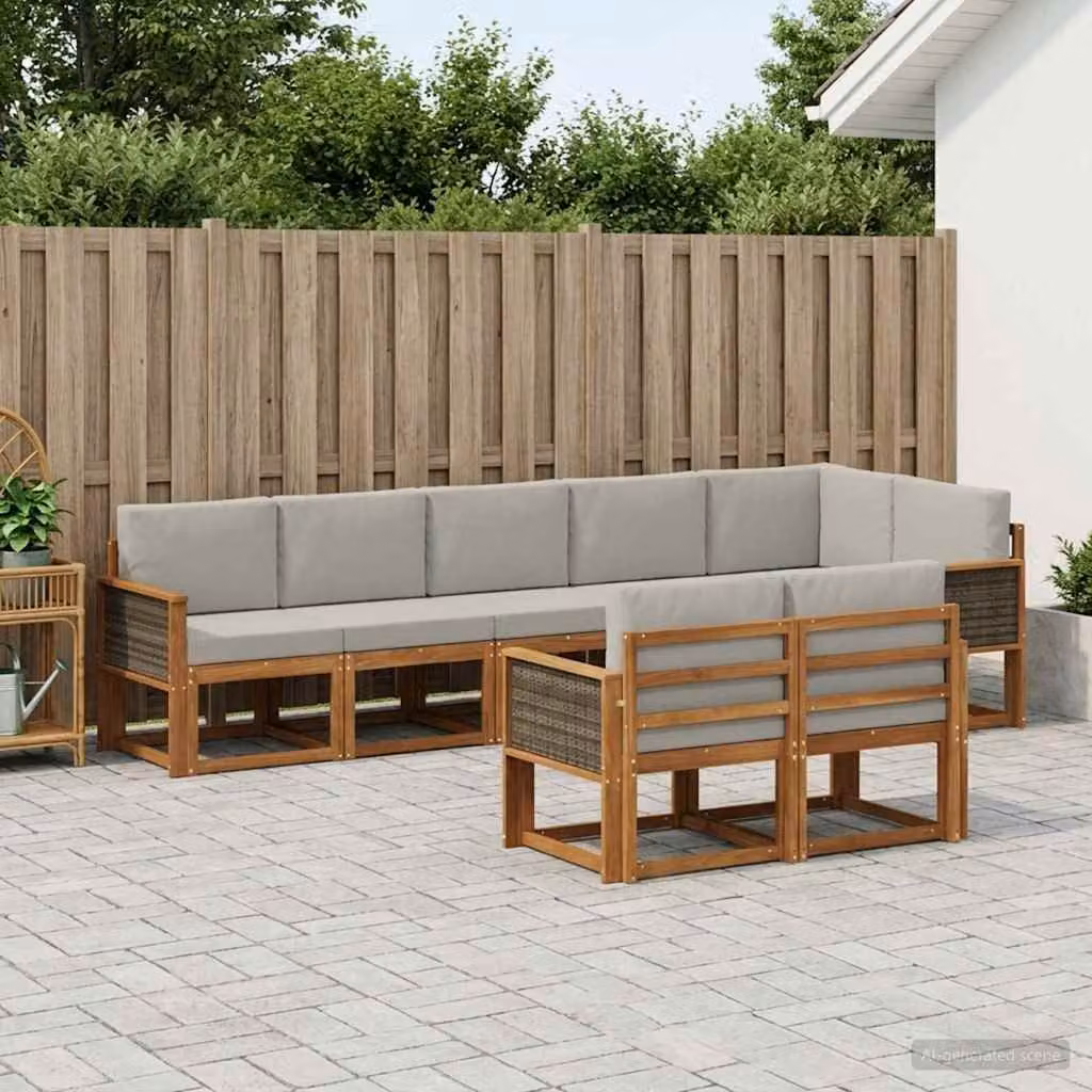 Set di divani da esterno vidaXL 8 pz in legno di acacia con cuscini, composizione a L, colori beige, grigio e marrone