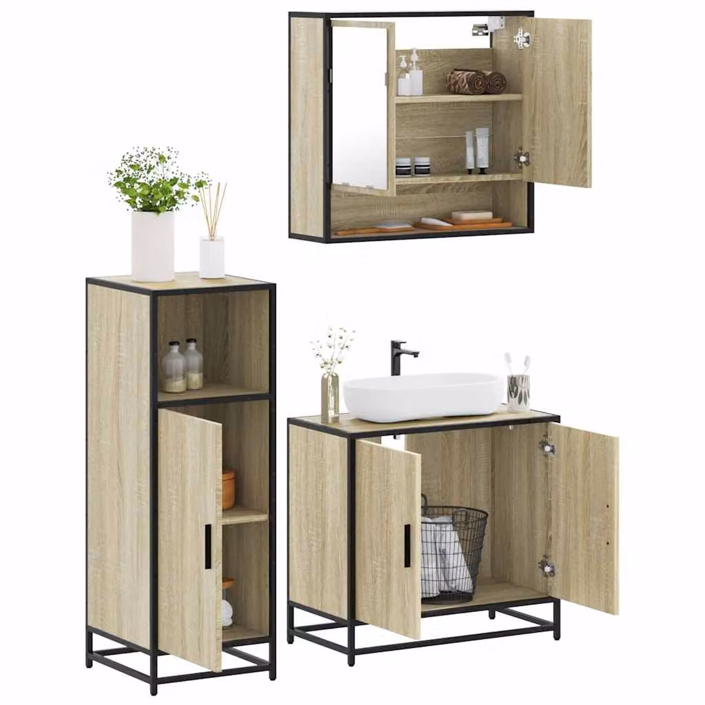 Set di mobili da bagno 3 pezzi vidaXL in stile industriale color rovere con specchio e illuminazione LED