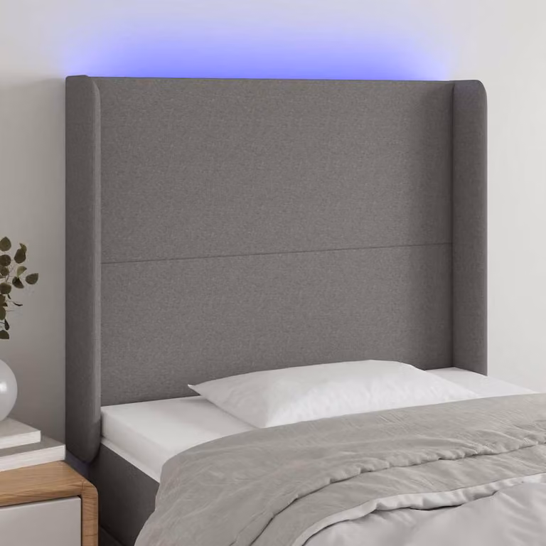 Testiera per letto con illuminazione LED e porta di ricarica USB vidaXL in tessuto grigio, L: 83 cm, P: 16 cm, H: 118-128 cm
