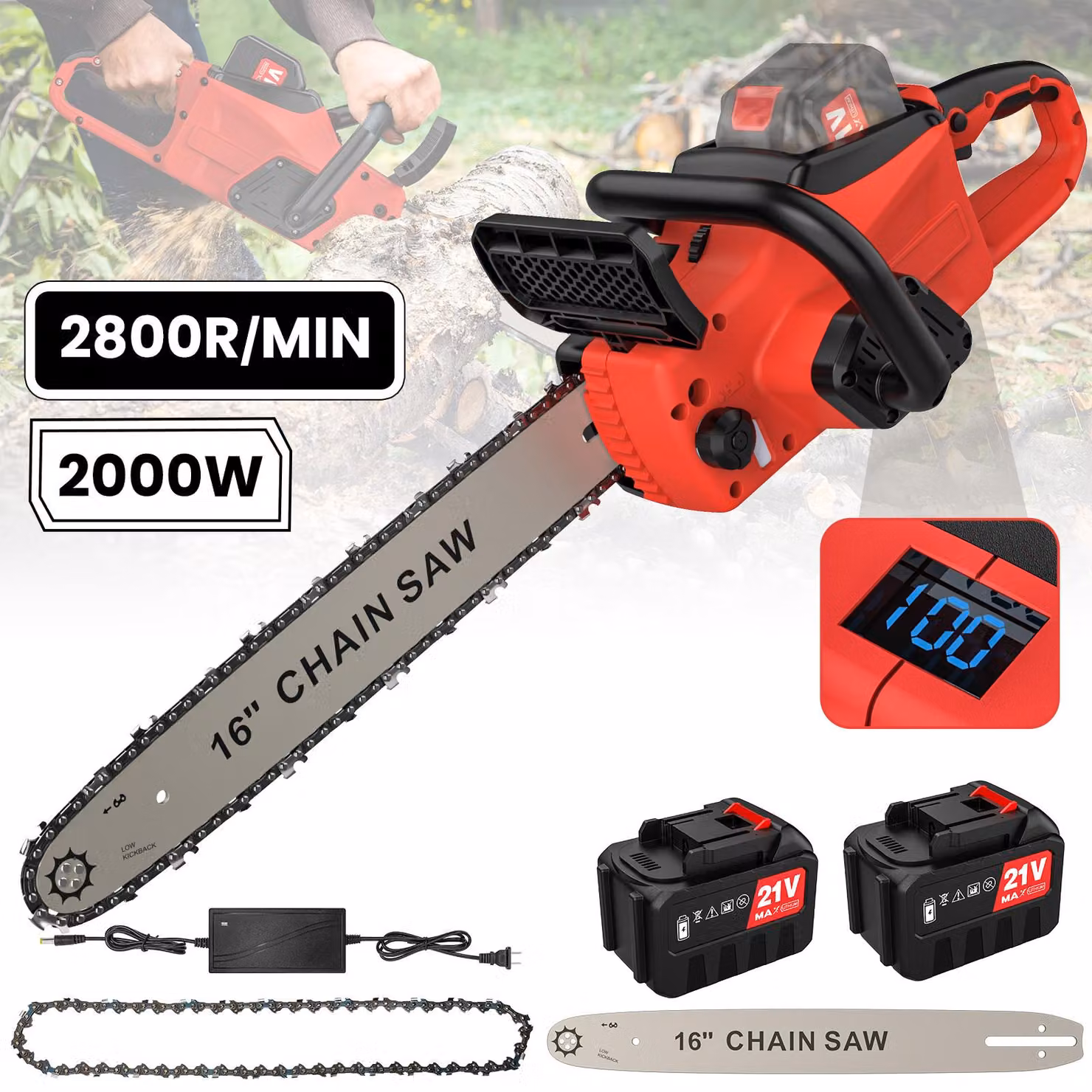 Troncatrice a catena senza fili - Set con 2 batterie - Potenza: 2000 W