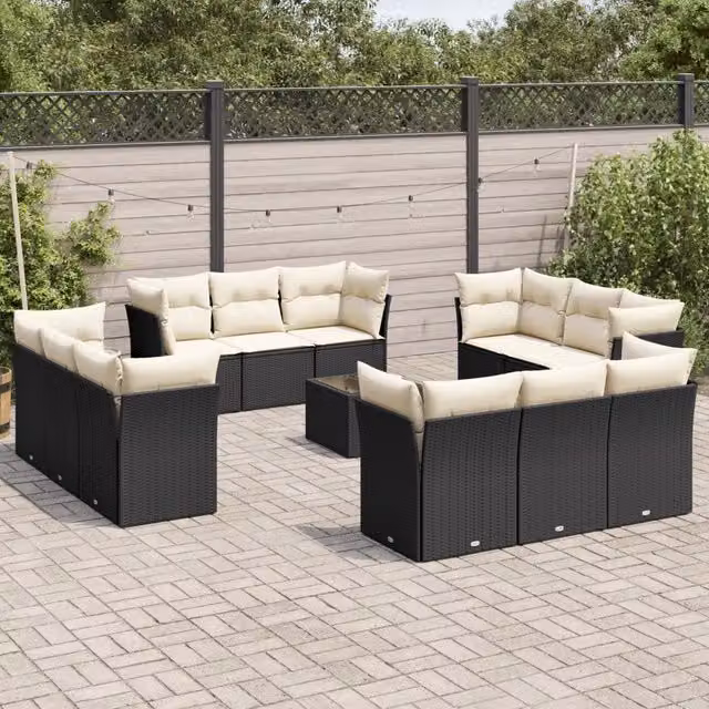 Set di divani da giardino a forma di U VIDAXL in polyrattan nero con 13 pezzi e cuscini inclusi – 1