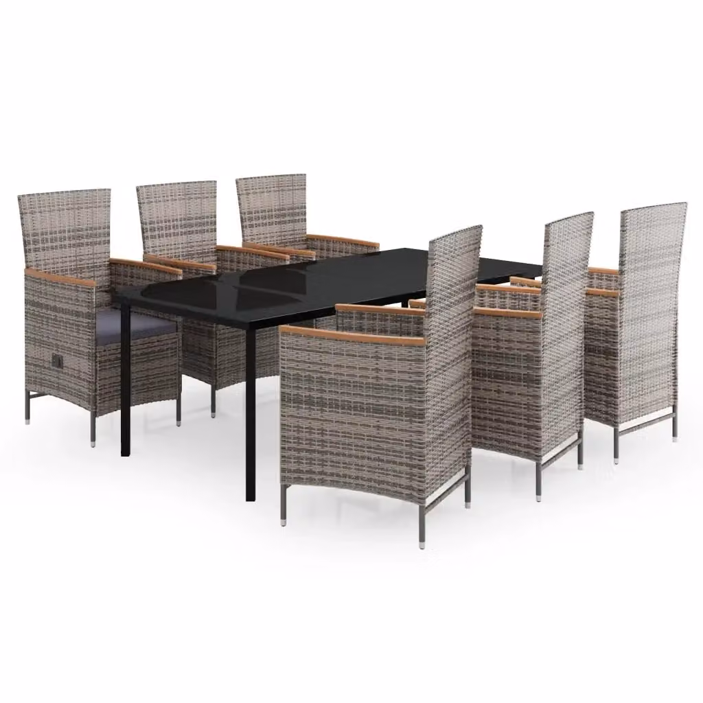 Set da pranzo da giardino moderno vidaXL in polyrattan con tavolo in vetro e legno di acacia, 7 pezzi, Grigio e Nero – 2
