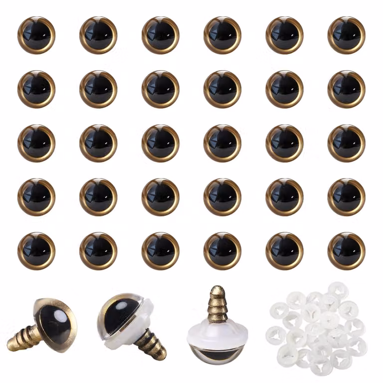 Occhi di sicurezza da 12 mm, confezione da 30 pezzi, color oro, in plastica, rotondi, con rondelle di sicurezza