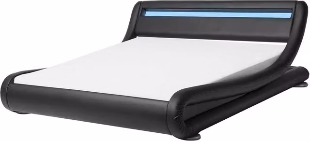 Letto matrimoniale Beliani in ecopelle nera con testiera illuminata a LED e base ad acqua L/P/H: 221 x 140 x 70 cm