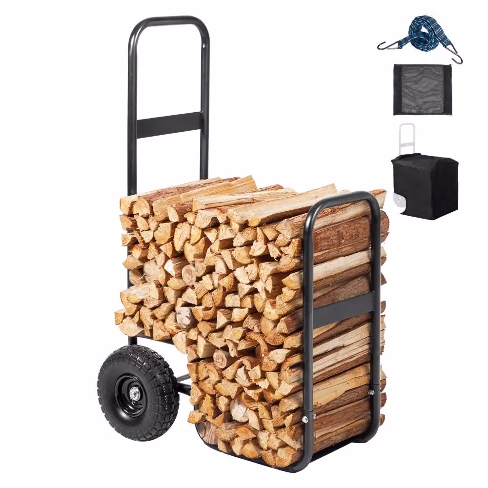 Carrello per legna da ardere 67x52x110cm - Carrello per legna da ardere in acciaio verniciato a polvere - Carrello per legna da ardere con ruote in gomma da 266,7 mm - Carico massimo: 113,4 kg - Carrello di trasporto con rete elastica in tessuto Oxford 60