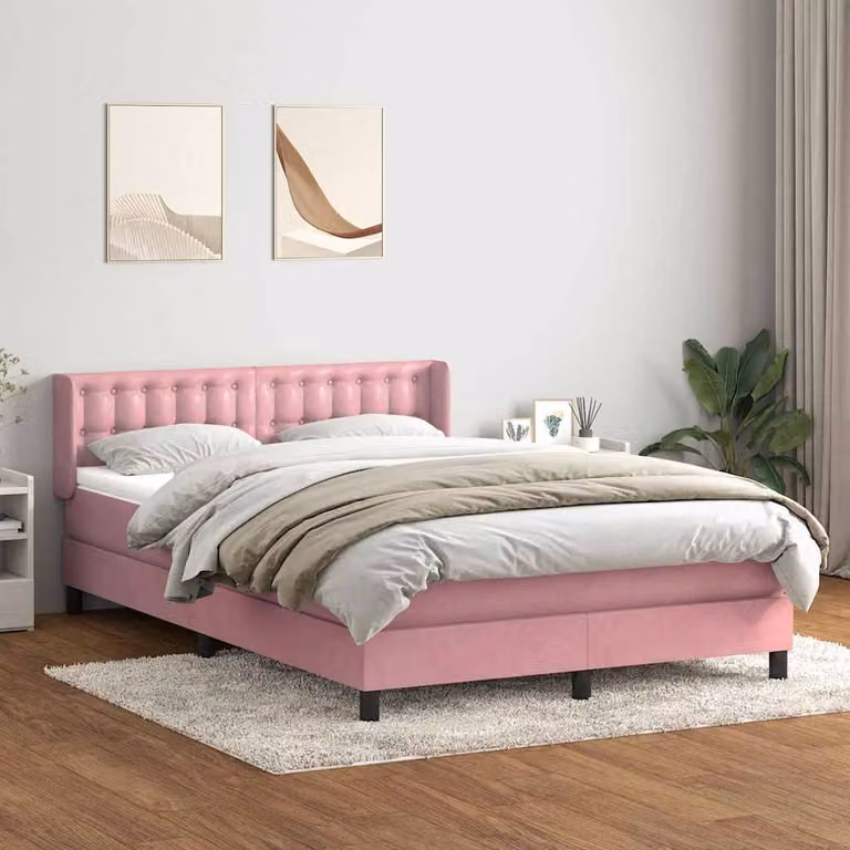 vidaXL Letto con Giroletto a Molle e Materasso Ibrido in Velluto Rosa e Bianco L: 163 cm, P: 213 cm, H: 88 cm