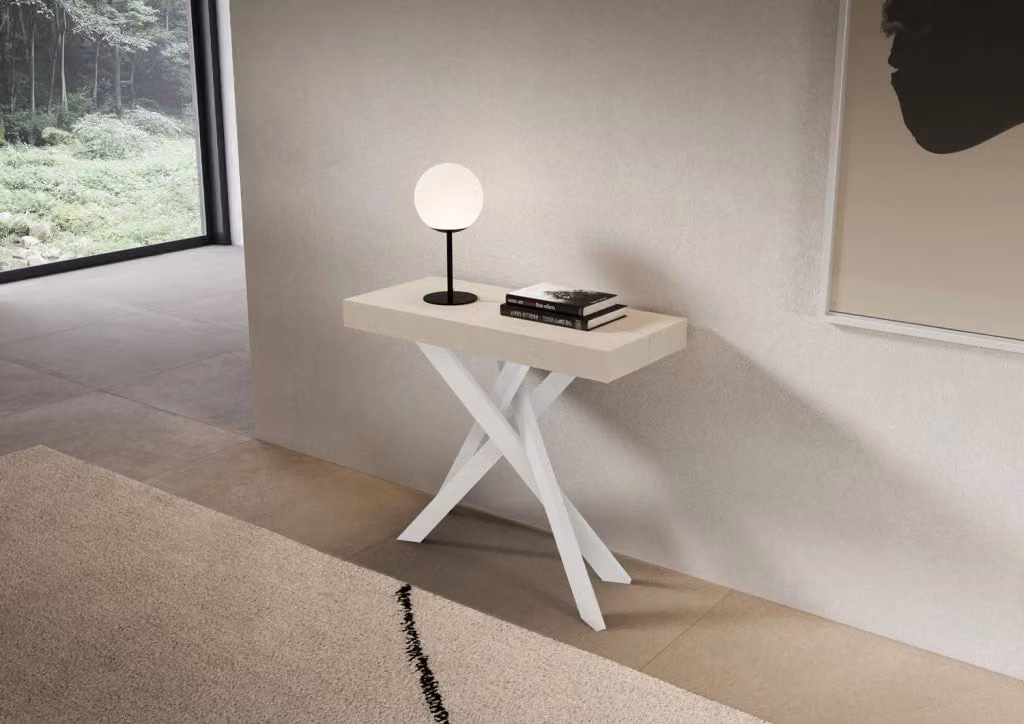 Consolle Allungabile Saki Small GIORDANOSHOP Colore Cashmere con Gambe Bianche L/P/H: 90-196 x 40 x 77 cm – 2