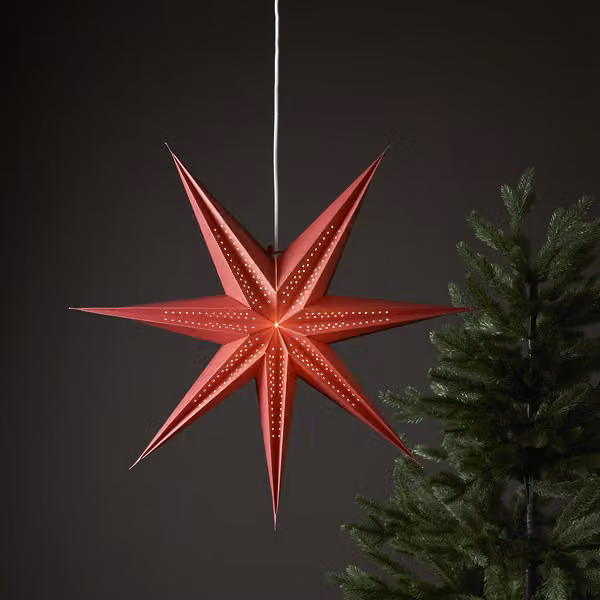 Grande stella di carta, con "punta" rossa, pieghe decorative e motivo traforato, a 7 punte, Ø 60 cm