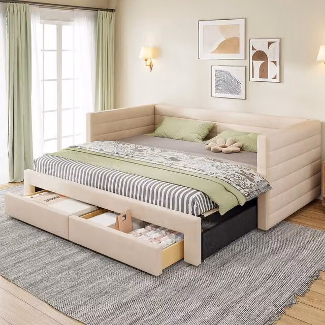 Letto Imbottito Estraibile 3 in 1 con Cassetti e Rete a Doghe ¨C Xylo ¨C Beige, 90x190, Cotone e Lino