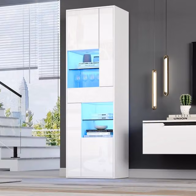 Vetrina alta WISHDOR bianca lucida con ante in vetro, illuminazione LED e ripiani interni, L/P/H: 55 x 38 x 170 cm