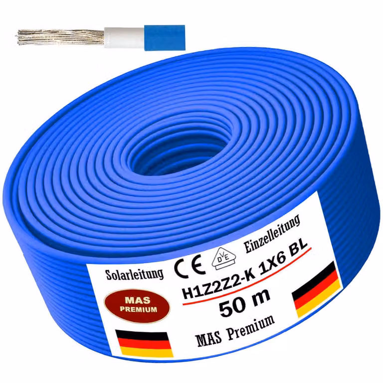 50m cavo solare cavo solare H1Z2Z2-K 6 mm² blu fotovoltaico senza alogeni