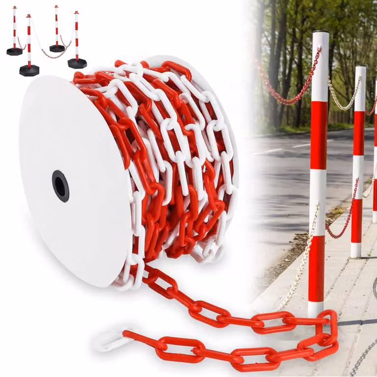 Catena di delimitazione in plastica, rosso e bianco, 25 metri, 8 mm di spessore