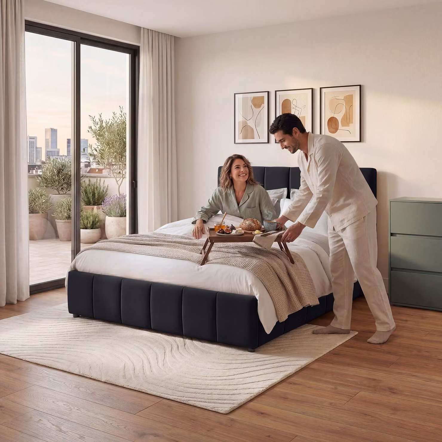 Letto imbottito Shirley tectake con rete a doghe in effetto velluto nero L/P/H: 220 x 120 x 93 cm – 2