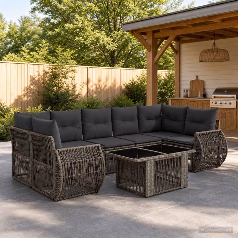 Set Divano da Giardino vidaXL 8 Pezzi a Forma di U in Polyrattan Grigio e Antracite con Tavolino e Cuscini Imbottiti